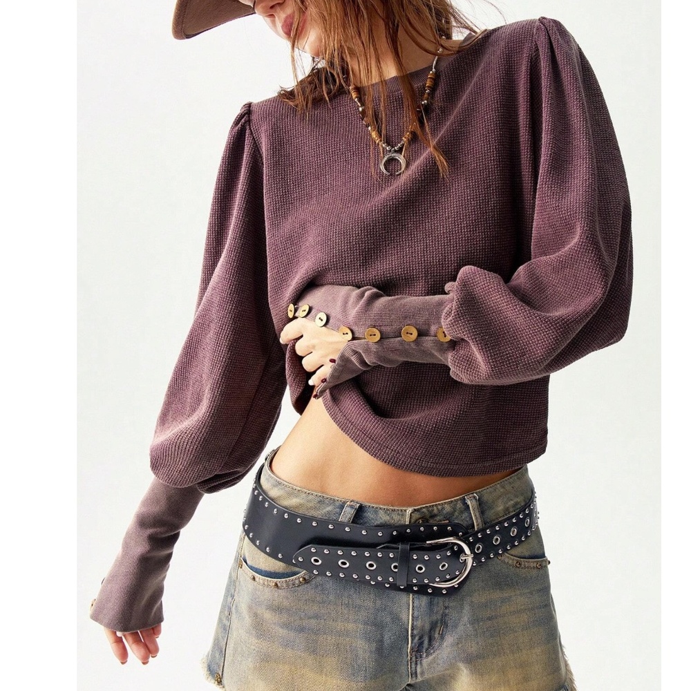 Solid Thermal Knit Puff Button Cuff Long Sleeve Top - Picture 11 of 14